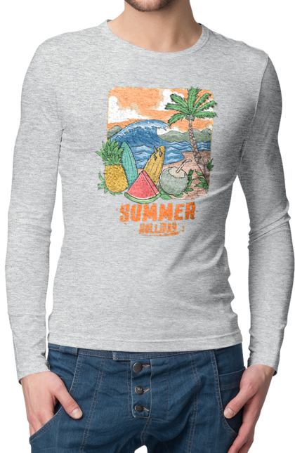 Мужской лонгслив с принтом Летние Праздники. Ананас, волны, лето, море, пальма. 2070702