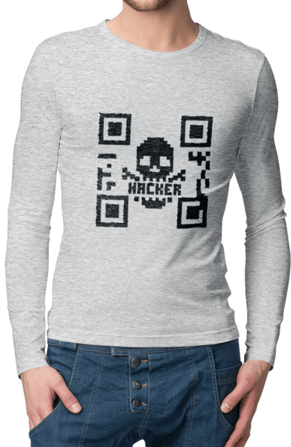 Чоловічий лонгслів з принтом "Хакер hacker". Geek, hacker, ios, qr code, qr код, ай ті, айтішник, геймер, гік, іт, мем, позитив, пранк, програміст, розробник, хакер. 2070702