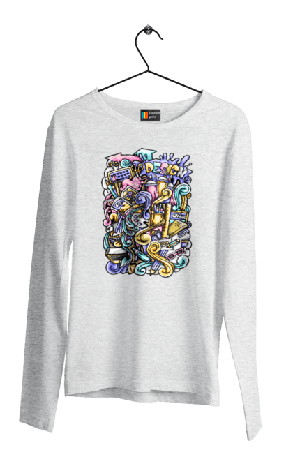 Men`s longsleeve with prints School of learning. Calculator, copybook, office, pen, pencil, school, teaching. 2070702