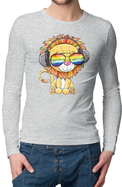 Men`s longsleeve with prints Lion In Glasses And Headphones. Glasses, headphones, lion cub. 2070702