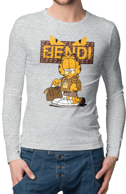 Мужской лонгслив с принтом Fendi Гарфилд. Fendi, garfield, бренд, гарфилд, дом моды, италия, люкс, мода, сумка, фенди. 2070702