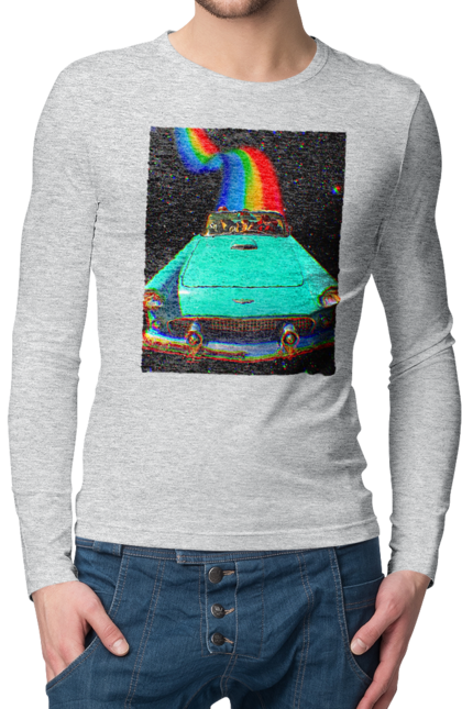 Чоловічий лонгслів з принтом "Картина, машина у космосі". Веселка, картина, космос, машина, подорожі, поїздка, прикол, ретро. 2070702