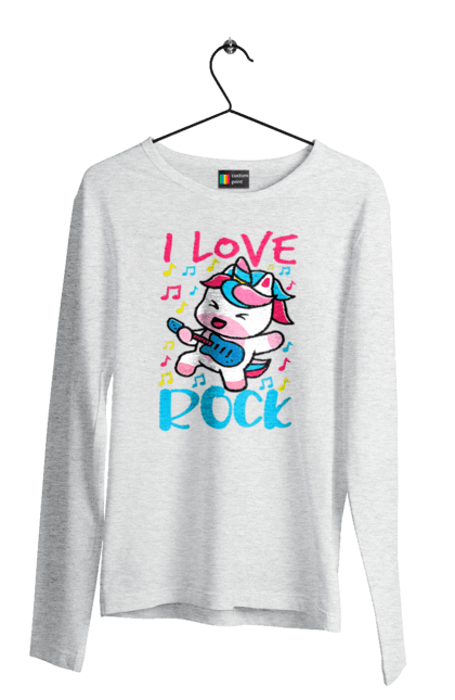 Men's longsleeve with prints Unicorn. Animals, fairy creatures, guitar, horn, mane, music, purple, rock, unicorn, violet. 2070702