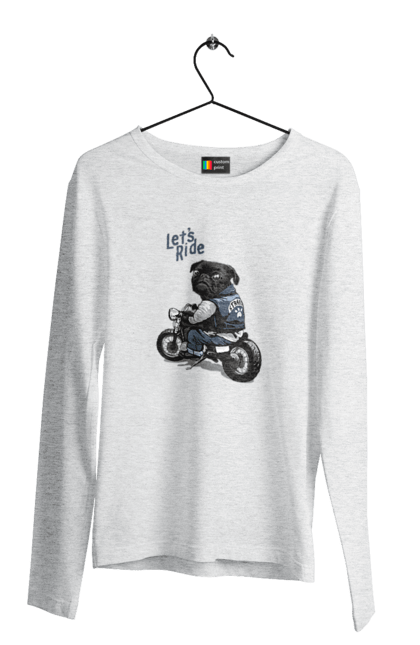 Чоловічий лонгслів з принтом "Мопс на мотоциклі". Байкер, мопс, мотоцикл, собака, тварини. 2070702