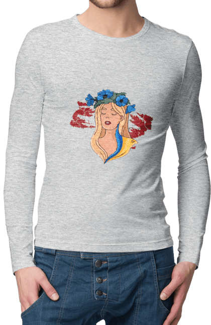 Мужской лонгслив с принтом Девушка на карте Украины. Blue, flag, flowers, girl, girl on the map, map of ukraine, red, yellow, украина. 2070702