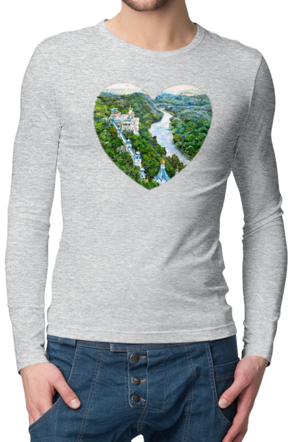 Men`s longsleeve with prints Святогорская лавра. Church, donetsk region, forest, landscape, monastery, river, svyatogorsk, ukraine. 2070702