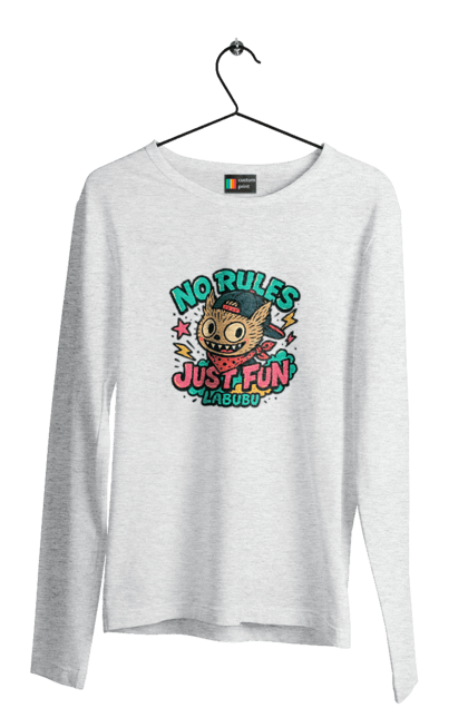 Чоловічий лонгслів з принтом "Лабубу". Norulesjustfun, y2k, бандана, вуличний стиль, грайливий, графіті, зухвалий, лабубу, ретромультяшка, яскраво. 2070702