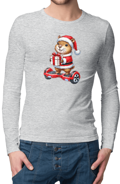 Men's longsleeve with prints Christmas Capybara with a Gift. Animal, capybara, christmas, christmas capybara, gift, holiday, new year, new year`s gift, santa. 2070702