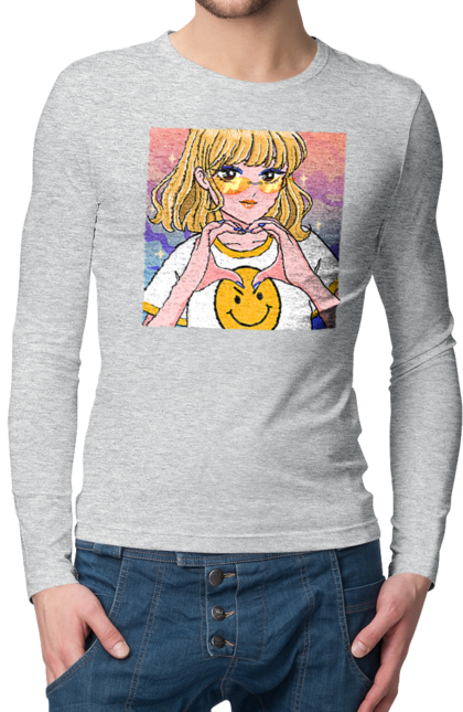 Men`s longsleeve with prints Yellow Girl. Anime, girl, smiley. 2070702