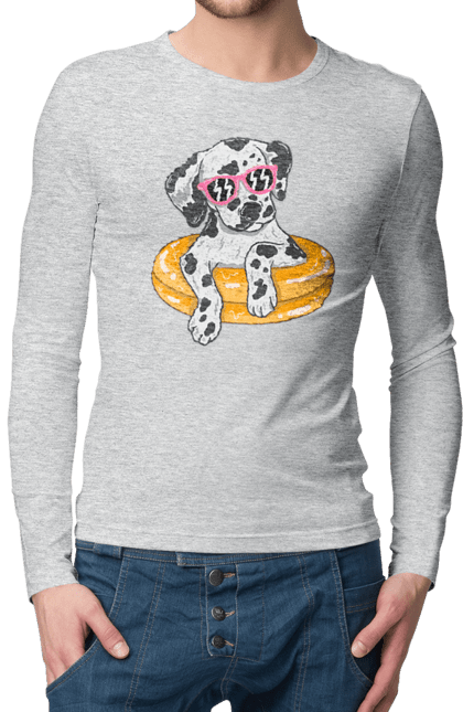 Men`s longsleeve with prints Dalmatian Swims In A Circle. Dalmatian, dog, glasses, to swim. 2070702