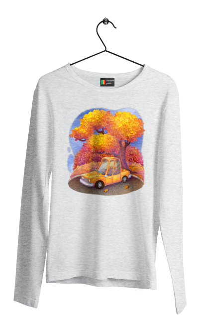Чоловічий лонгслів з принтом "Осiнь Авто Дерево". Дерево, жовтий мила ілюстрація, машина, осінь, помаранчевий. 2070702