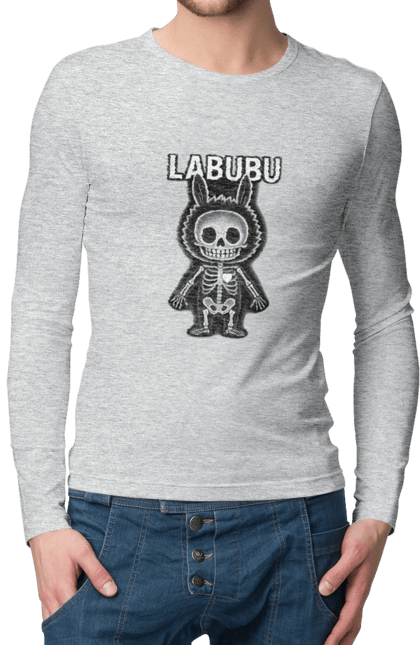 Чоловічий лонгслів з принтом "Лабубу". Анатомія, кістки, лабубу, миложутко, мінімалізм, рентген, серце` що світиться, скелет, череп, чорнобіле. 2070702