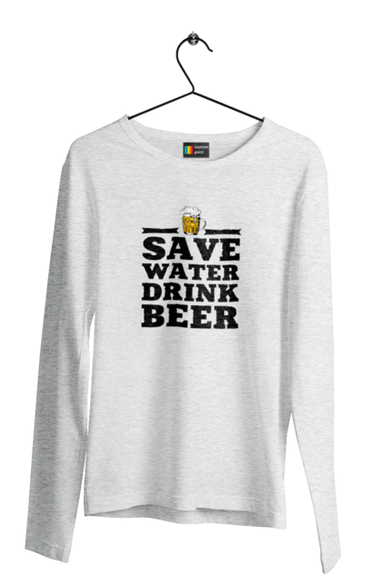 Чоловічий лонгслів з принтом "Бережи воду, пий пиво (чорна)". 18+, алкоголь, бар, гумор, любителям писа, меми, пиво, приколи, текст, чоловікам. 2070702