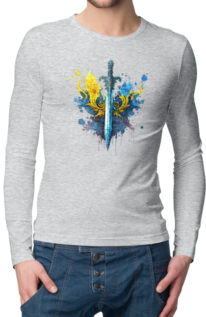 Men`s longsleeve with prints A sword in the Ukrainian style. Emblem, flag, sword, symbol of ukraine, trident, ukraine, victory. 2070702