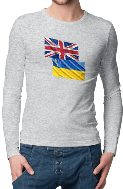 Men`s longsleeve with prints Flag United Kingdom, Flag Ukraine, Support Ukraine. Flag united, flag united kingdom, global peace, great britain, kiev, national colors, national team, peace for ukraine, proud grandpa, support ukraine, ukraine, ukraine flag, ukraine war, united kingdom, war, zelensky. 2070702