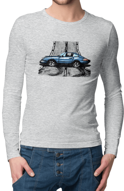 Чоловічий лонгслів з принтом "Спортивний Автомобіль На Дорозі". Автомобіль, гонки, синій, спортиного, швидкий, швидкісний. 2070702