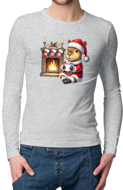 Men's longsleeve with prints Capybara by the fireplace with hot chocolate. Animal, capybara, christmas, christmas capybara, fireplace, gift, holiday, hot chocolate, new year, santa. 2070702