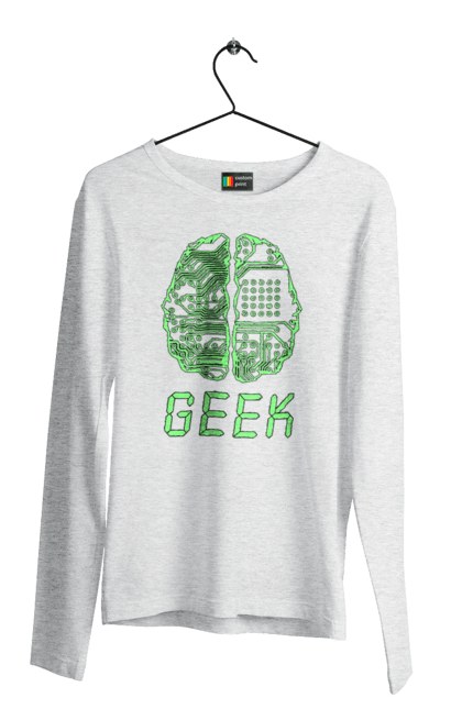 Чоловічий лонгслів з принтом "Гик Мозок Неоновий". Айті, айтішник, гик, друкована плата, зелений, знання, інженер, кібер, кібернетика, кіборг, код, комп, комп’ютерник, кристал, мікросхема, мозок, неон, неоновий, програміст, професіонал, професія, розробник, розум, світиться, світло, чіп. 2070702