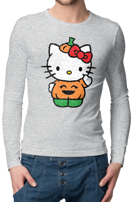 Чоловічій лонгслів з принтом "Хелло Кітті Хелловін". Halloween, hello kitty, бренд, гарбуз, кошеня, персонаж, хелло кітті, хелловін. 2070702