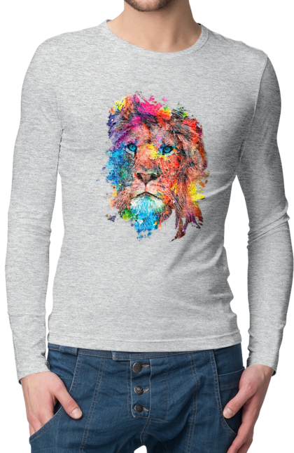 Чоловічий лонгслів з принтом "Лев із фарби". Барвистий лев, індійський лев, лев, лев та холі, розмальовка, святковий лев, фарби, холи. 2070702