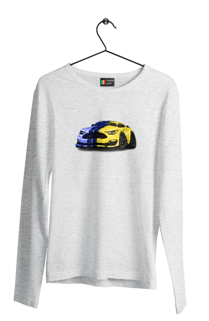 Чоловічий лонгслів з принтом "Український мустанг". Жовто блакитне авто, кольори україни, машина, мустанг, суперкар, форд мустанг, шелбі. 2070702