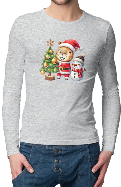 Men's longsleeve with prints Christmas Capybara with a Tree. Animal, capybara, christmas, christmas capybara, christmas tree, gift, holiday, new year, new year`s gift, santa. 2070702