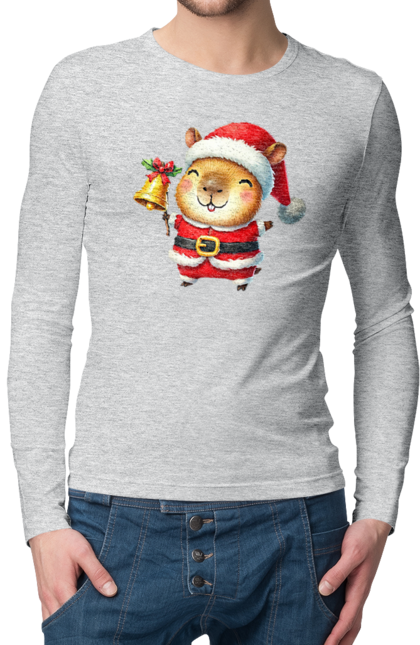 Men's longsleeve with prints Funny capybara with a bell. Animal, bell, capybara, christmas, christmas capybara, gift, holiday, new year, new year`s gift, santa. 2070702