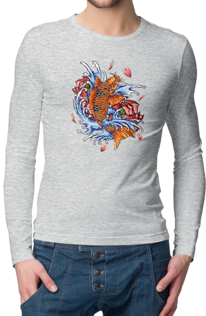 Men`s longsleeve with prints Fish and waves. Fish, flower, wave. 2070702