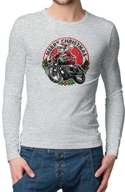 Чоловічий лонгслів з принтом "Щасливого Різдва, дід мороз на мотоциклі". 2022, дід мороз, зима, мотоцикл, новий рік, подарунки, різдво, санта, сніг. 2070702
