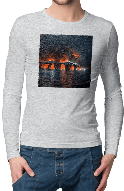 Men`s longsleeve with prints The Crimean bridge is on fire. Air strike, army of russia, army of ukraine, bridge, crimea, fit, shock. 2070702