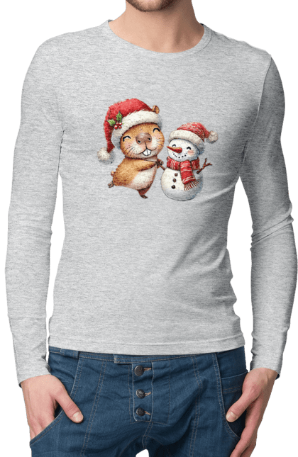 Men's longsleeve with prints Capybara and Snowman. Animal, capybara, christmas, christmas capybara, gift, holiday, new year, new year`s gift, santa, snowman. 2070702