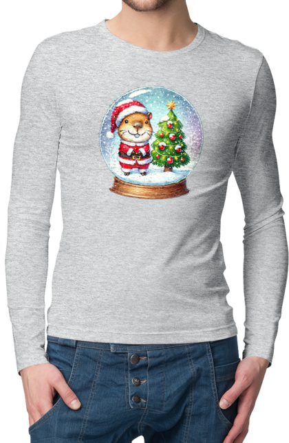 Men's longsleeve with prints Christmas Capybara with a Tree. Animal, capybara, christmas, christmas capybara, christmas tree, gift, holiday, new year, new year`s gift, santa. 2070702