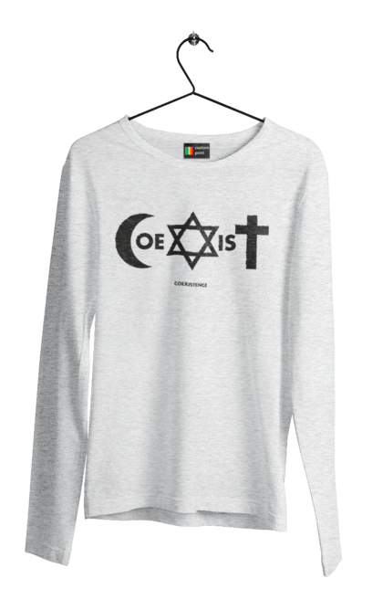 Чоловічій лонгслів з принтом "Coexist". Coexist, іслам, іудаїзм, міжрелігійний діалог, релігія, рівність, символи віри, толерантність, християнство. 2070702