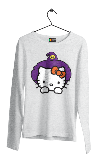 Чоловічій лонгслів з принтом "Хелло Кітті Хелловін". Halloween, hello kitty, witch, бренд, відьма, кіт, кошеня, персонаж, хелло кітті, хелловін. 2070702