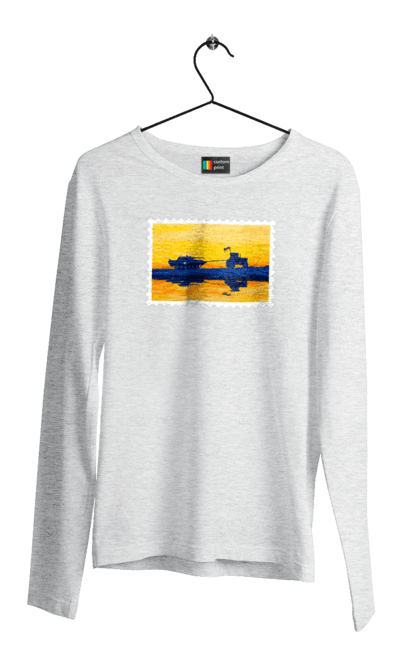 Чоловічий лонгслів з принтом "Нова марка, трактор що тягне танк". Добрий вечір, доброго вечора, марка, марка україни, марка укрпочта, ні війні, трактор тягне танк, тракторні війська, укрпочта. 2070702