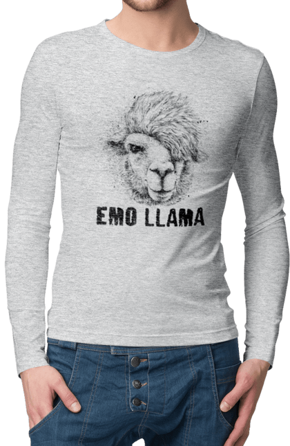 Чоловічій лонгслів з принтом "Емо Лама". Alpaca, animals, distressed, emo, funny, llama, vintage, емо, лама. 2070702