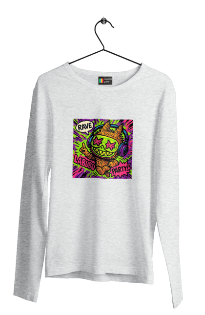 Чоловічий лонгслів з принтом "Лабубу". Вечірка, вуличне мистецтво, графіті, зоряніочі, коміксстиль, лабубу, навушники, неон, попарт, рейв. 2070702