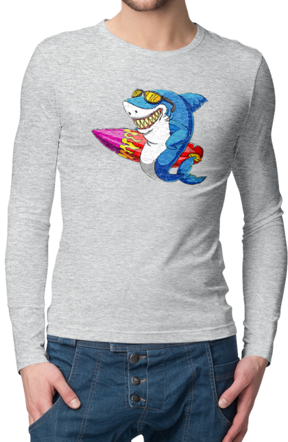 Чоловічий лонгслів з принтом "Акула В Окулярах З Серфінгом". Акула, літо, окуляри, серфінг. 2070702