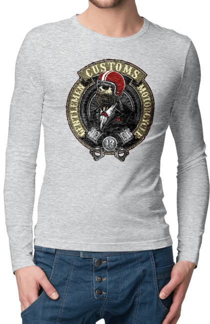 Чоловічий лонгслів з принтом "джентльменський мотоцикл". Джентельмен, джентльмен, мотоцикл, череп, шолом. 2070702