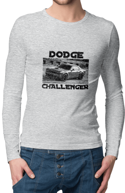 Чоловічий лонгслів з принтом "Додж челенджер". Авто, автомобіль, американська легенда, додж челенджер, класичне авто, культовий автомобіль, масл кар, потужний автомобіль. 2070702