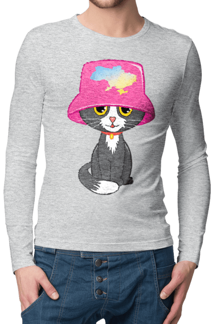 Men`s longsleeve with prints Cat with a map of Ukraine. Cat, eurovision, galoshes, music, panama galosh, symbol of ukraine, ukraine. 2070702