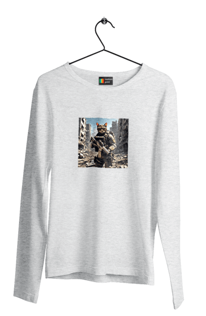 Чоловічий лонгслів з принтом "Кіт десантник". Бронежилет, війна, військовий, гвинтівка, захисник, камуфляж, кіт, рушниця. 2070702