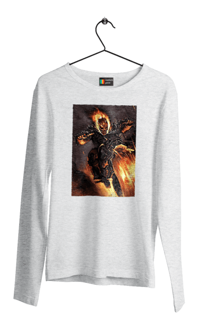 Чоловічий лонгслів з принтом "Пекельний Гонщик". Вогонь, мотоцикл, пекельний гонщик, скелет, чоппер. 2070702