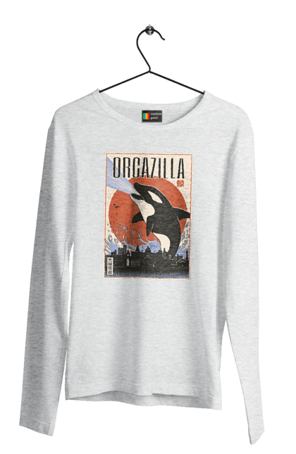 Men's longsleeve with prints Orcazilla. Cartoon style design, graphic, japan print, japanese, japanese art, japanese poster, japanese poster orca, ocean wildlife, orca, orcazilla. 2070702