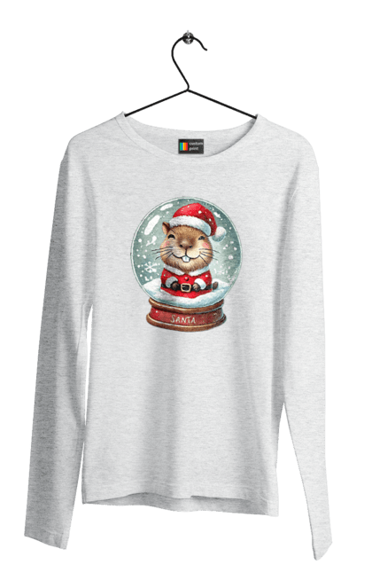 Men's longsleeve with prints Capybara in a snow globe. Animal, capybara, christmas, christmas capybara, gift, holiday, new year, new year`s gift, santa, snow globe. 2070702