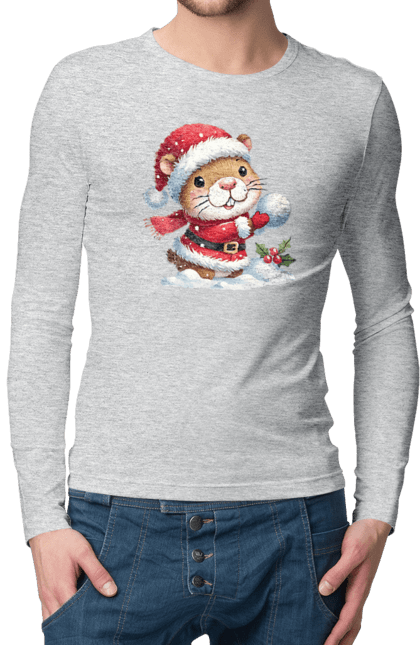 Men's longsleeve with prints Capybara playing snowballs. Animal, capybara, christmas, christmas capybara, game, gift, holiday, new year, santa, snowballs. 2070702