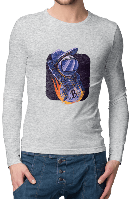 Чоловічий лонгслів з принтом "Космо біткоїн". Биткоин, бінарний, біткоїн, біткойн, валюта, гроші, крипто, програміст, хакер. 2070702