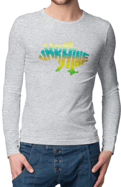 Men`s longsleeve with prints Ukraine silhouette colored. I love ukraine, map of ukraine, silhouette of ukraine, symbol of ukraine, ukraine, ukrainian symbols. 2070702