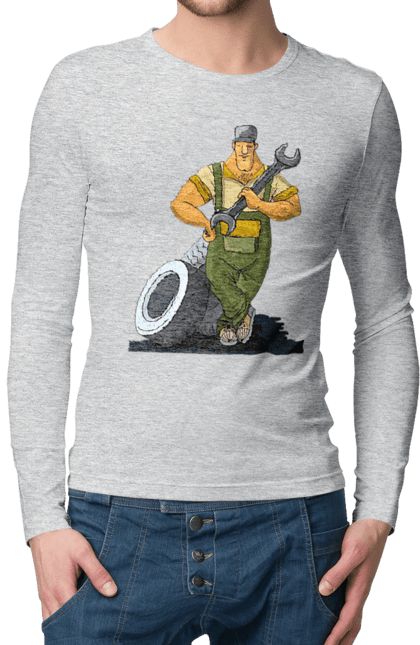 Men`s longsleeve with prints Car Mechanic. Profession, wheels, wrench. 2070702
