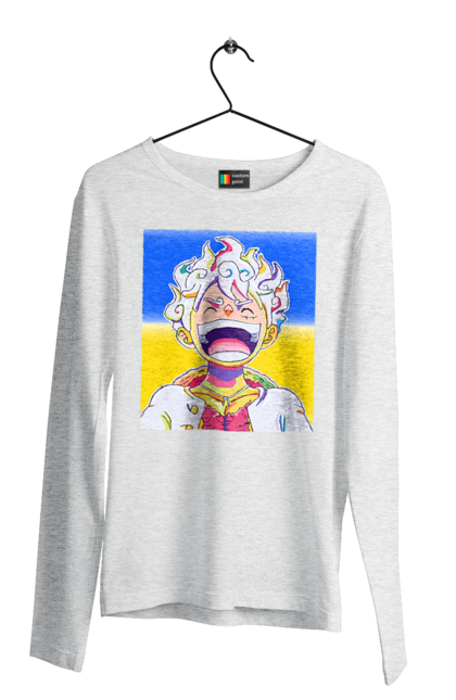 Men`s longsleeve with prints Monkey D Luffy laughing on a yellow blue background. Flag of ukraine, luffy, monkey d luffy, one piece, symbol of ukraine, ukraine. 2070702